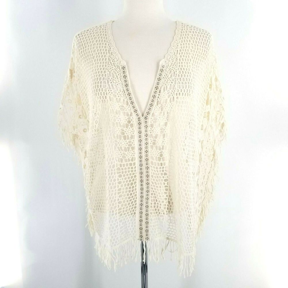 Maurices Cream Crochet Tunic V Neck Trim Fringe